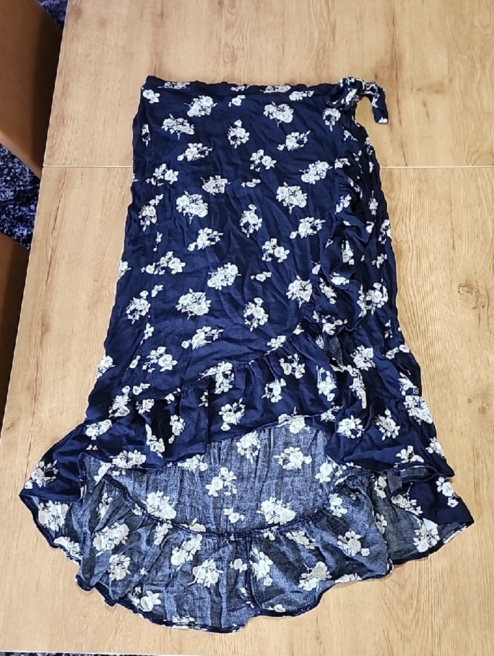 Maurices Navy Floral High-Low Wrap Skirt with Ruffle Trim